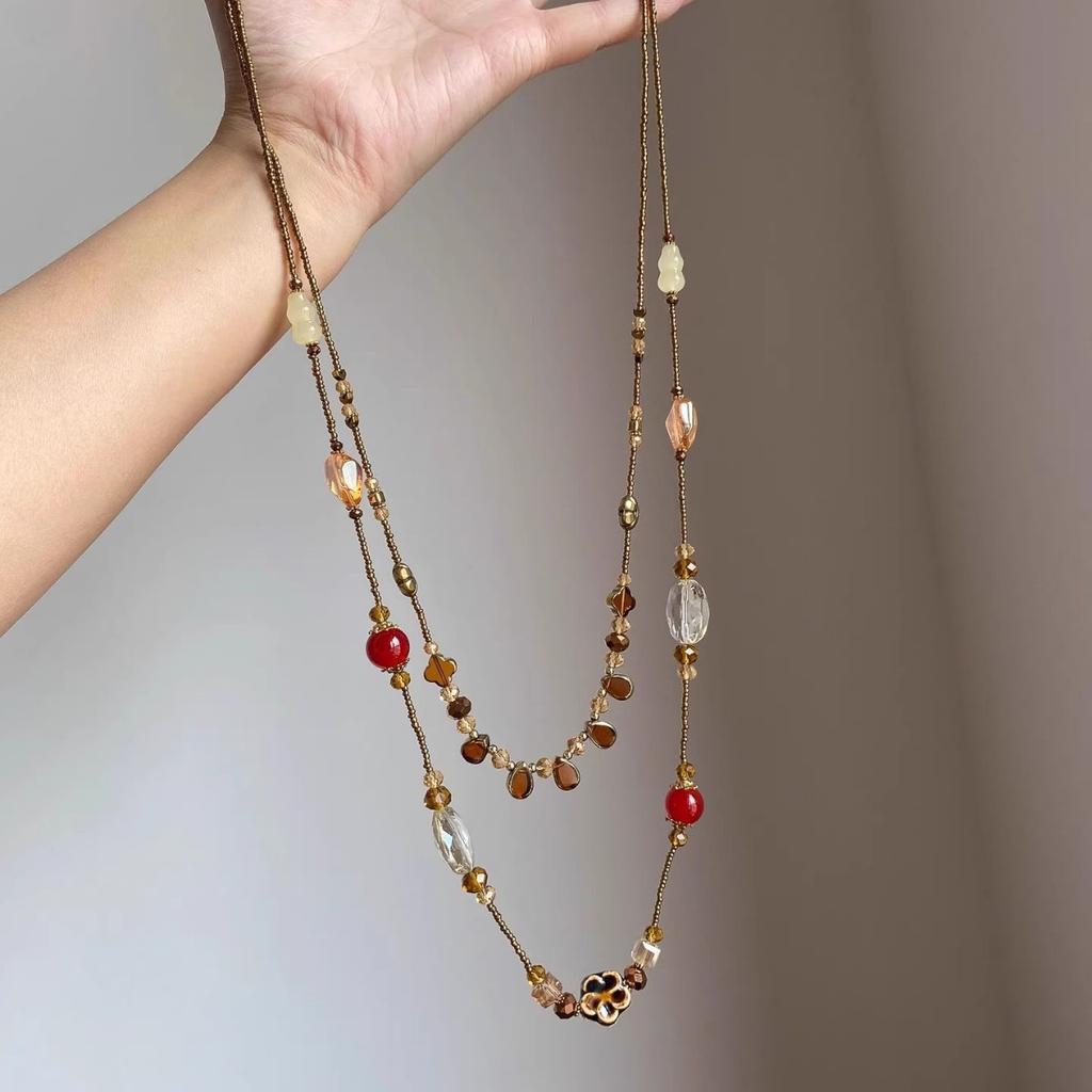Medieval vintage double-layer water drop gourd flower necklace women's national style sweater chain retro long beaded accessories