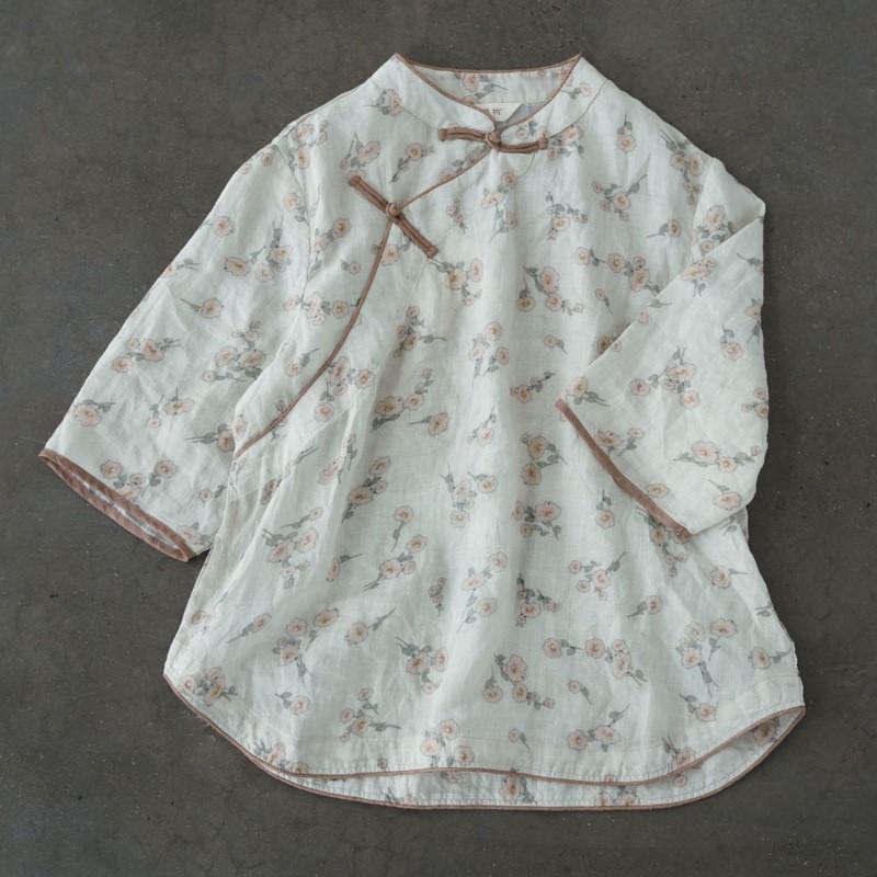 Johnature Women Chinese Style Shirts Tops Stand Half Sleeve Tops Summer Vintage Print Floral Blouses