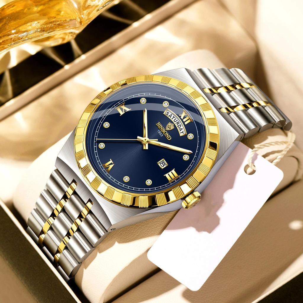 BINBOND Men's Watches Simple Fashion Original Quartz Watch for Man Texture Dial Stainless Steel Date Week Trend Dress Wristwatch