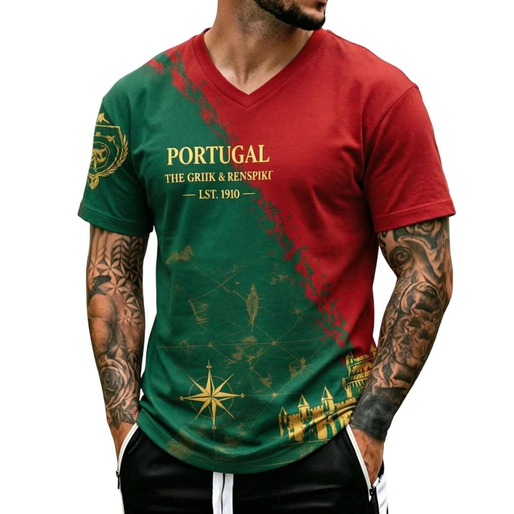 Men's V Neck Short Sleeve Shirt Soccer Print Fan Tee World Cup Sportswear Casual Top for Outdoor Activities and Daily Wear