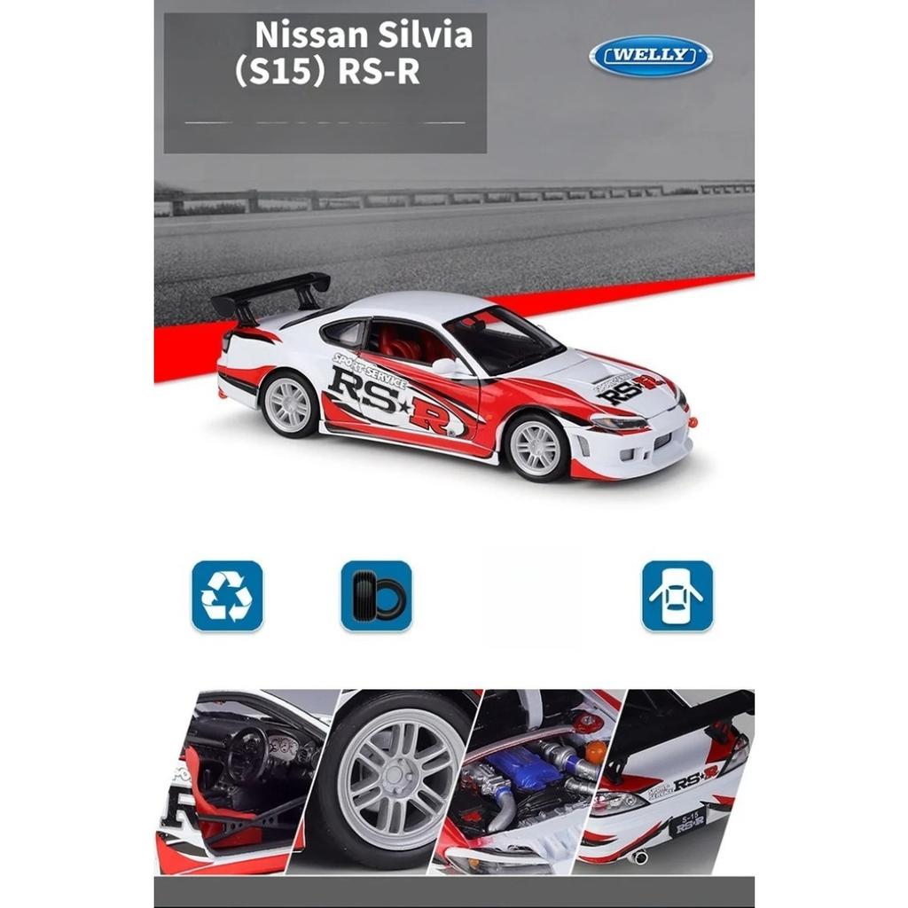 Welly 1/24 Nissan Silvia S15 RSR Alloy Sports Car Model Diecasts Metal Track Racing Car Vehicles Model Simulation Kids Toys Gift