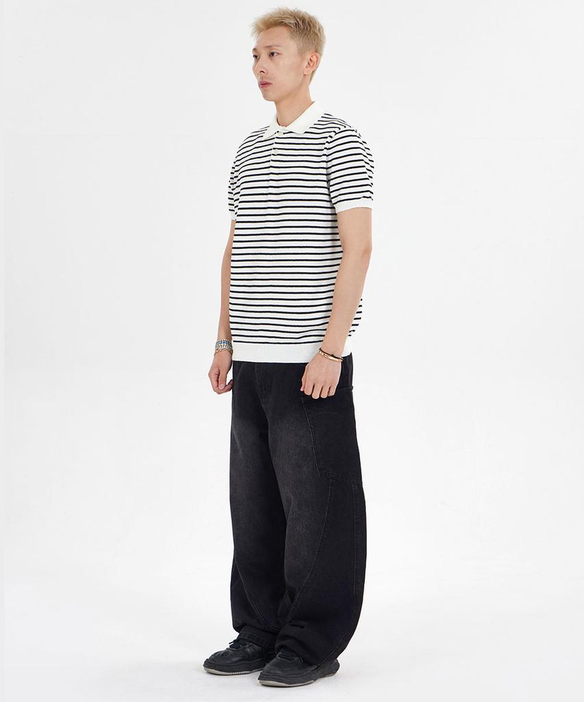 MAKEITTO Striped Knit Collared Short Sleeve T-Shirt_White