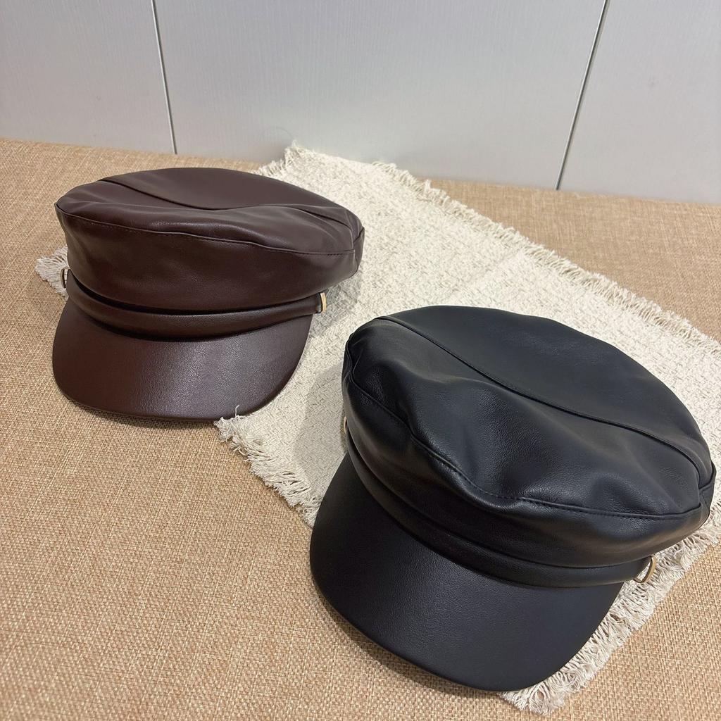European and American PU leather navy hat, women's metal decorative pleated flat-top newsboy hat, short-brimmed cap
