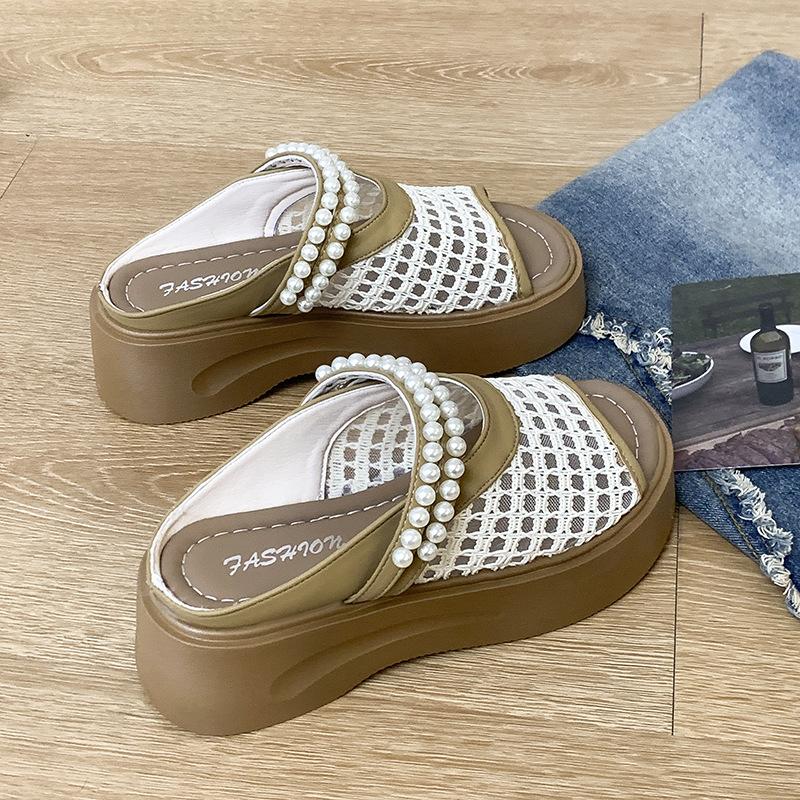 

Summer Korean version of fashion hole sandals lightweight thick-soled bag head half slippers heightening breathable hollow mesh shoes 40 хаки