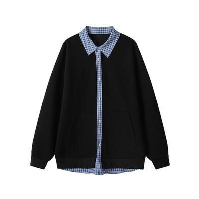 Męski sweter w kratę z efektem dwuczęściowym, casualowy płaszcz w stylu koledżowym z klapami, rozpinany kardigan
