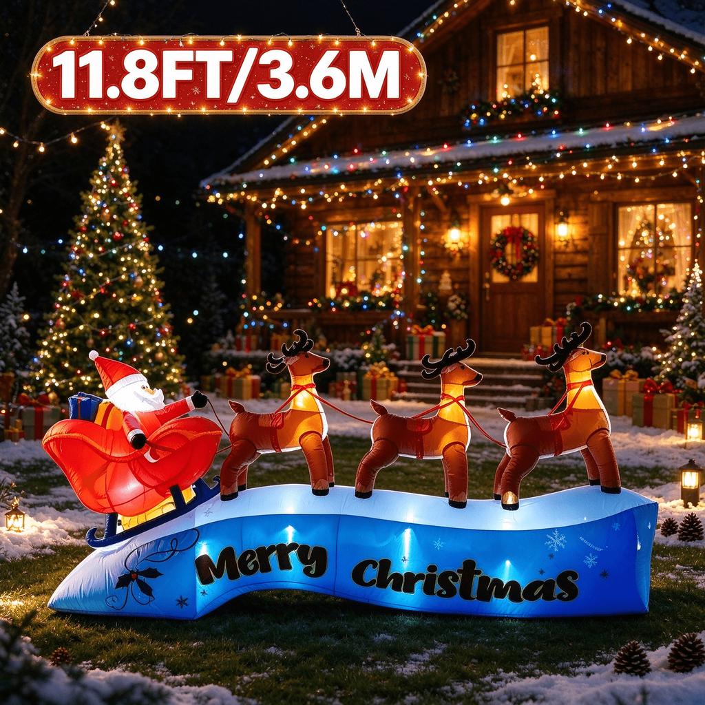 11.8FT/3.6M Inflatable Santa Claus Sleigh with 3 Reindeer Christmas Outdoor Yard Decoration