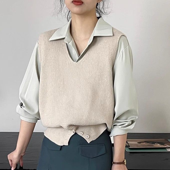 Damska kamizelka swetrowa bez rękawów z rozcięciem dekoltu w serek, dziergana kamizelka damska wiosenna nowa wersja koreańska