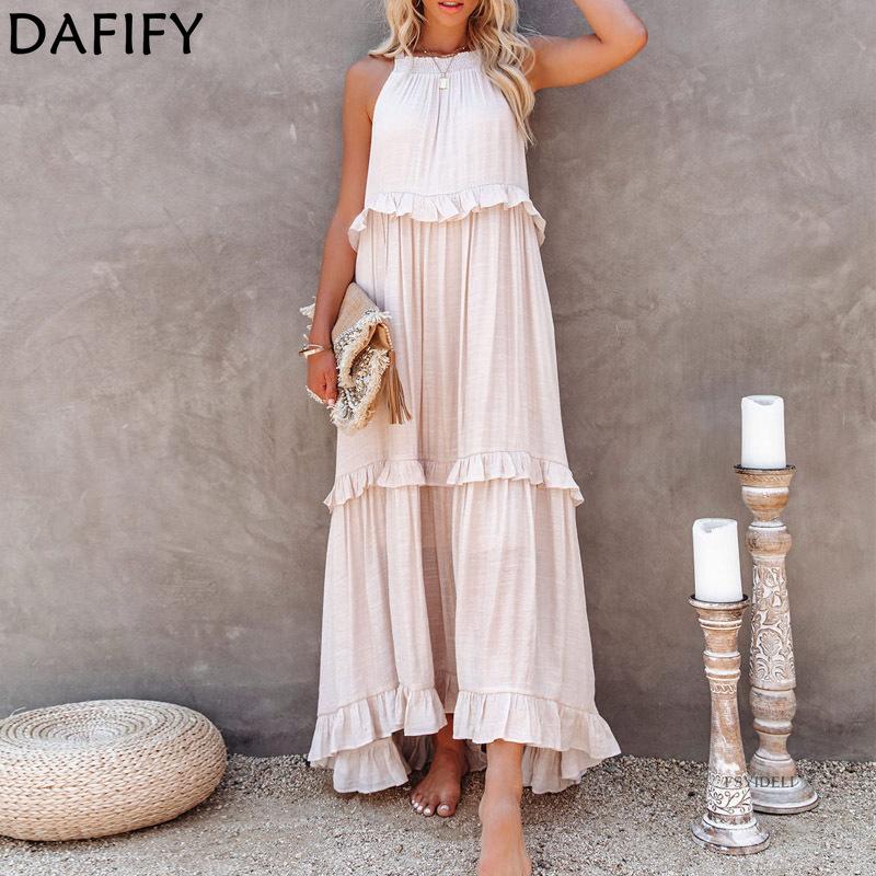 DAFIFY Women's Fashion Summer Spring Solid Color Print Sleeveless Hanging Neck Loose Waistline Casual Dresses