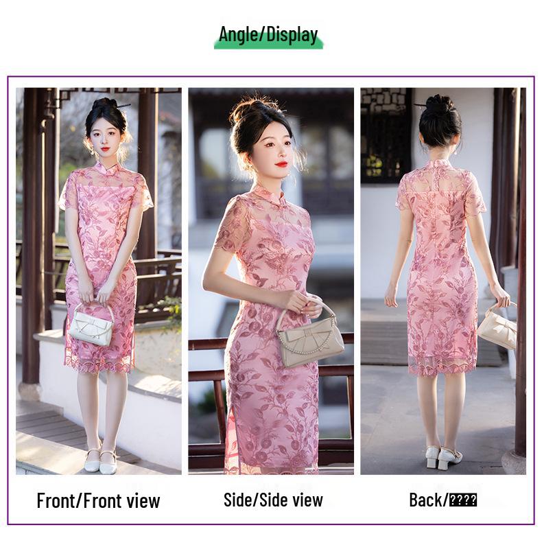 Modern Pink Embroidered Cheongsam Dress - Mid-Length Summer Style