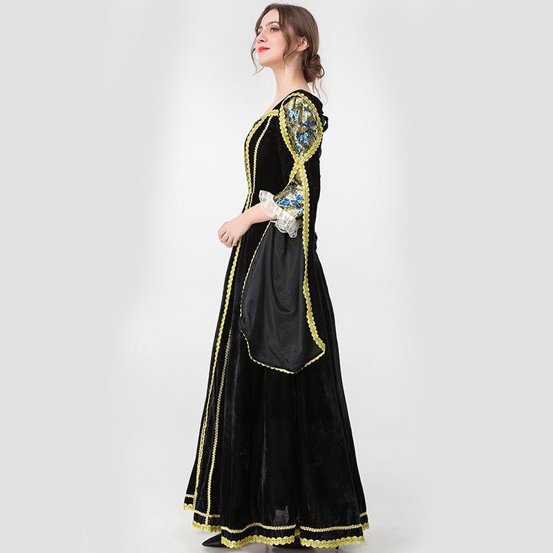 Retro Renaissance medieval queen dress, Victorian Gothic court ball dress, women's black long sleeved Halloween costume