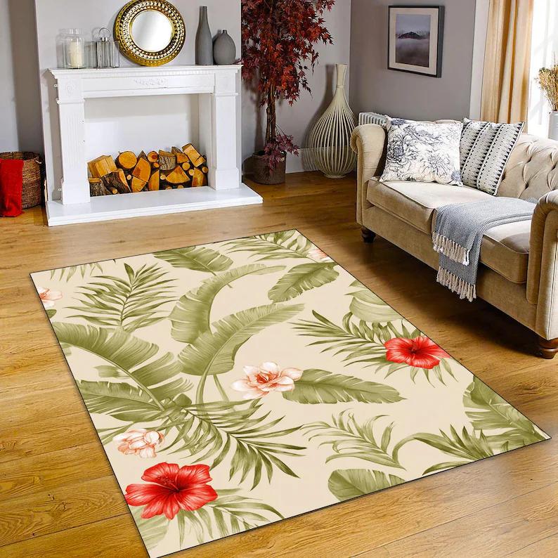 Tapete Floral de Hibisco Tropical Pátio Decoração de Verão Tapete de Jardim de Varanda Estampa de Folha Verde Tapete de Flor Vermelho Laranja Tapete de Chão Externo