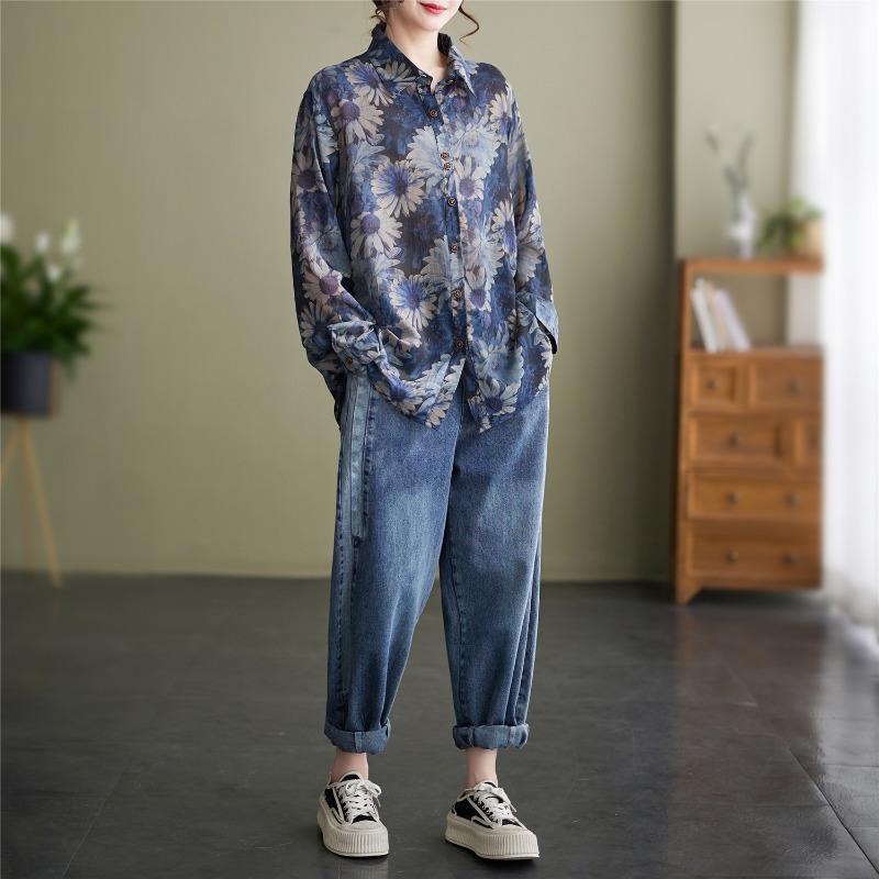 Women Casual Loose Long Sleeve Printed Fashion Shirt Slimming Daily Base Top