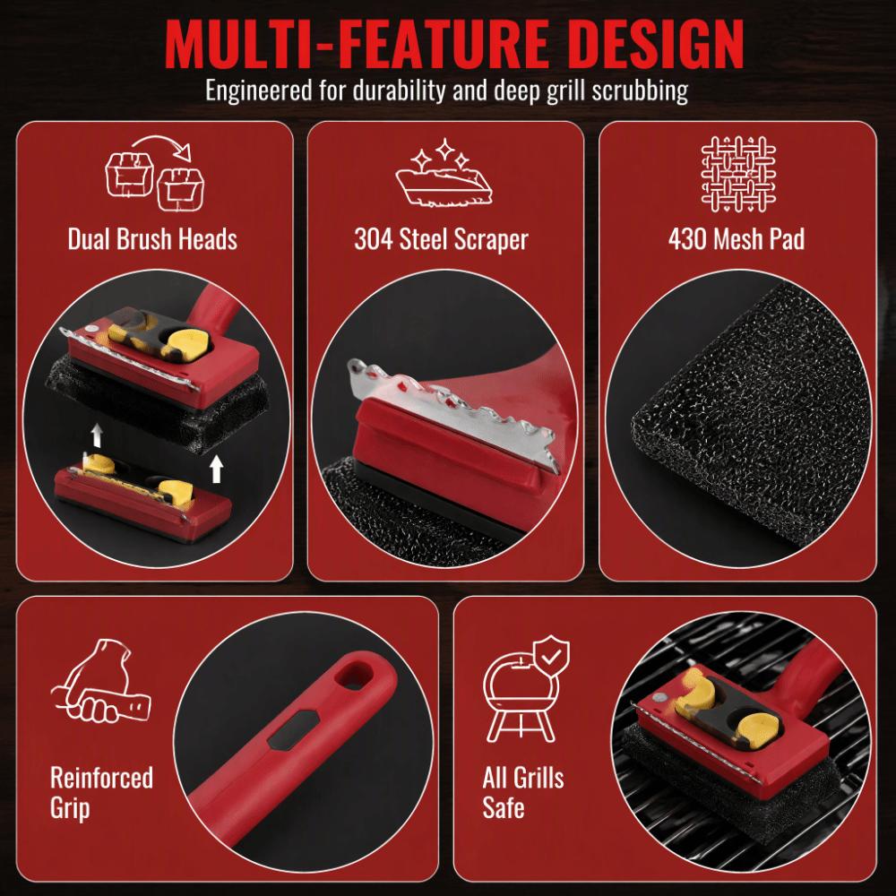Durable BBQ Grill Scraper Detachable Scrub Heads Cleaning Tool  Gas Charcoal Grates