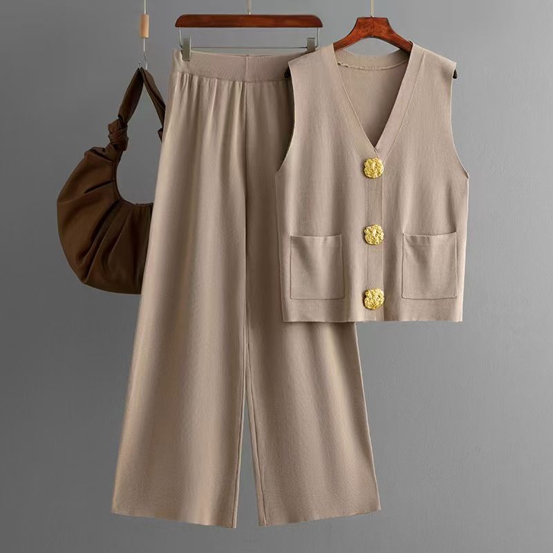 

Модный свитер-жилет в западном стиле, жилет на пуговицах, комплект брюк с широкими штанинами, комплект жилета и брюк, костюм Khaki All yards