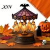 Vintage Resin Carousel Ghost Light, Halloween Night Gothic Stained Glass Shade Creepy Table Light with Floating Ghosts/Pumpkins, Spooky Lamp
