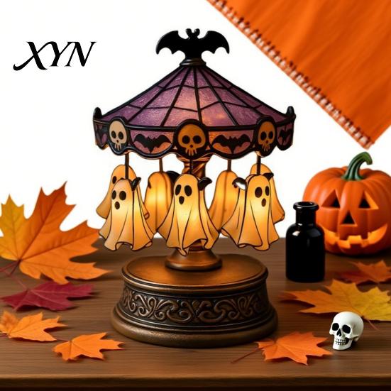 Vintage Resin Carousel Ghost Light, Halloween Night Gothic Stained Glass Shade Creepy Table Light with Floating Ghosts/Pumpkins, Spooky Lamp