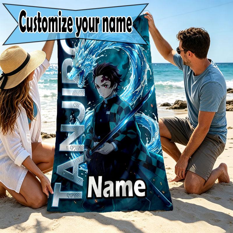Custom Name Personalized Demon Slayer Print Beach Towel, for Trip Camping Beach Party Home Decor, Birthday Gift for Family & Friends