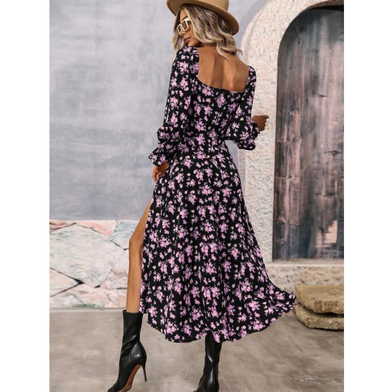 Summer Fashion New Style Women's Skirt, Elegant Temperament Square Collar Printed Slit Long-sleeved Halter Dress