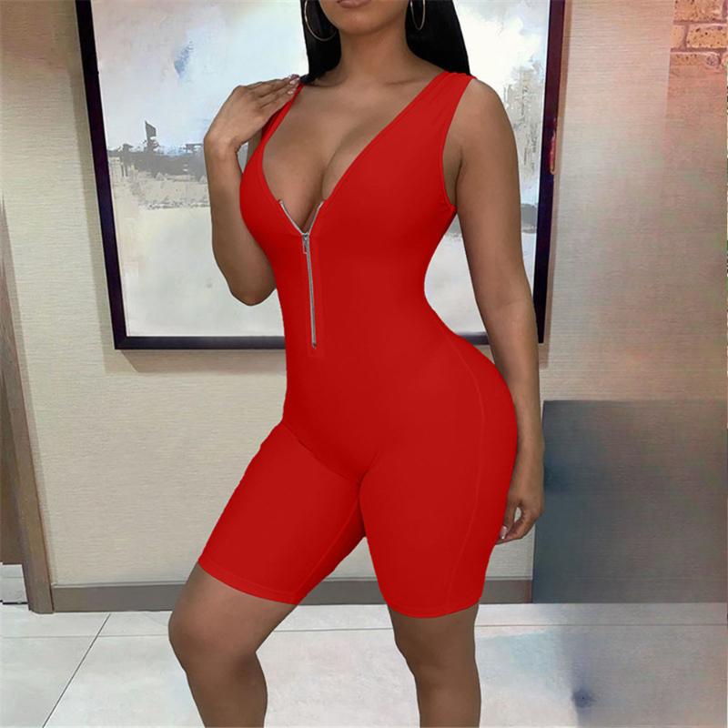 

Европейский и американский летний комбинезон на молнии с V-образным вырезом без рукавов, однотонный, облегающий, женская одежда L красный