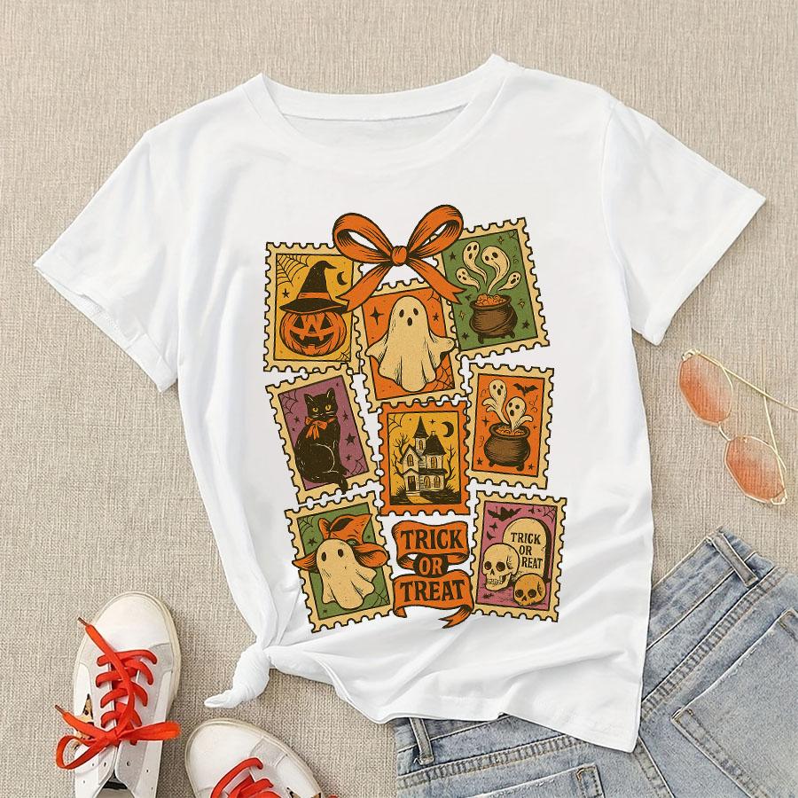 

Vintage Halloween Cat Ghost Girly Preppy Tshirts Cute Mystical Witchy Shirt Short Sleeve Pumpkin Black Cat Tees Women Fall Tops S
