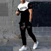 Men's Summer Splicing Letter Printed Pattern Breathable Quick Drying Top Trendy Soft Top Street Round Neck T-shirt Set