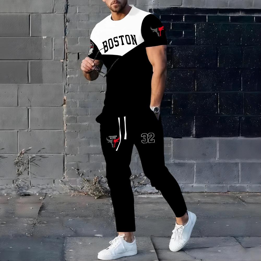 Men's Summer Splicing Letter Printed Pattern Breathable Quick Drying Top Trendy Soft Top Street Round Neck T-shirt Set