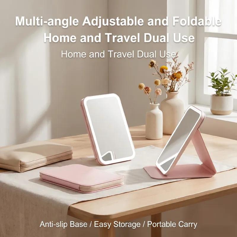 USB Rechargeable Vanity Mirror with Touch Screen, 3 Color LED Lights & Dimming, Portable Folding Makeup Mirror for Home & Travel