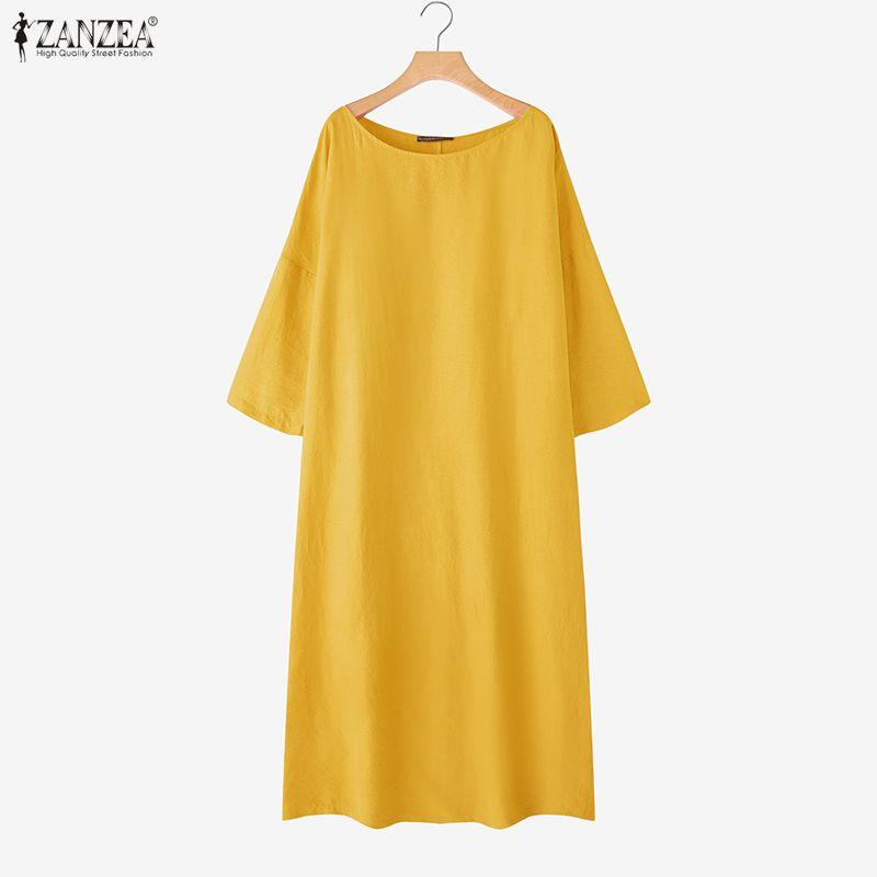 

ZANZEA Женское повседневное платье макси с круглым вырезом, длинным рукавом, однотонное, свободного кроя 2XL жёлтый