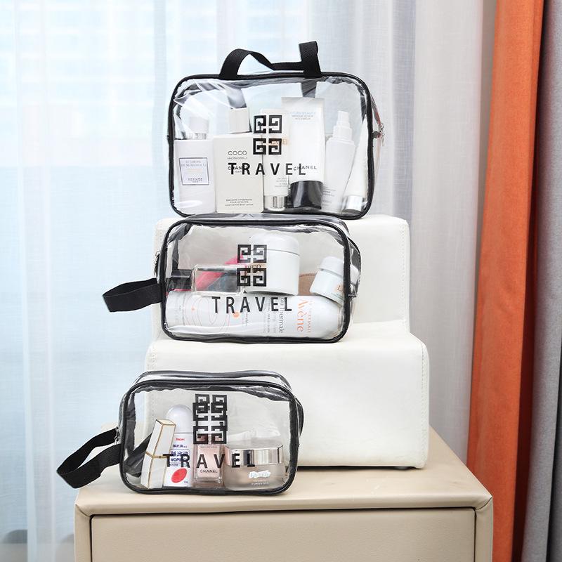 Transparent Three-Piece PVC Cosmetic Bag Set: Large, Frosted, Portable Storage for Women