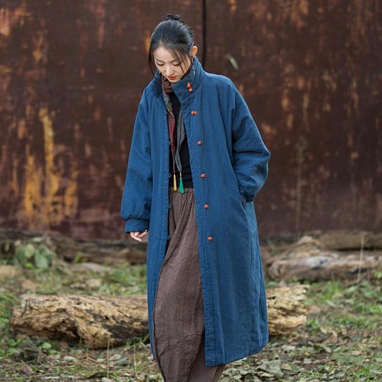 

Chinese Style Vintage Winter Coat Women Loose Warm Solid Color Button Johnature One Size темно-синий