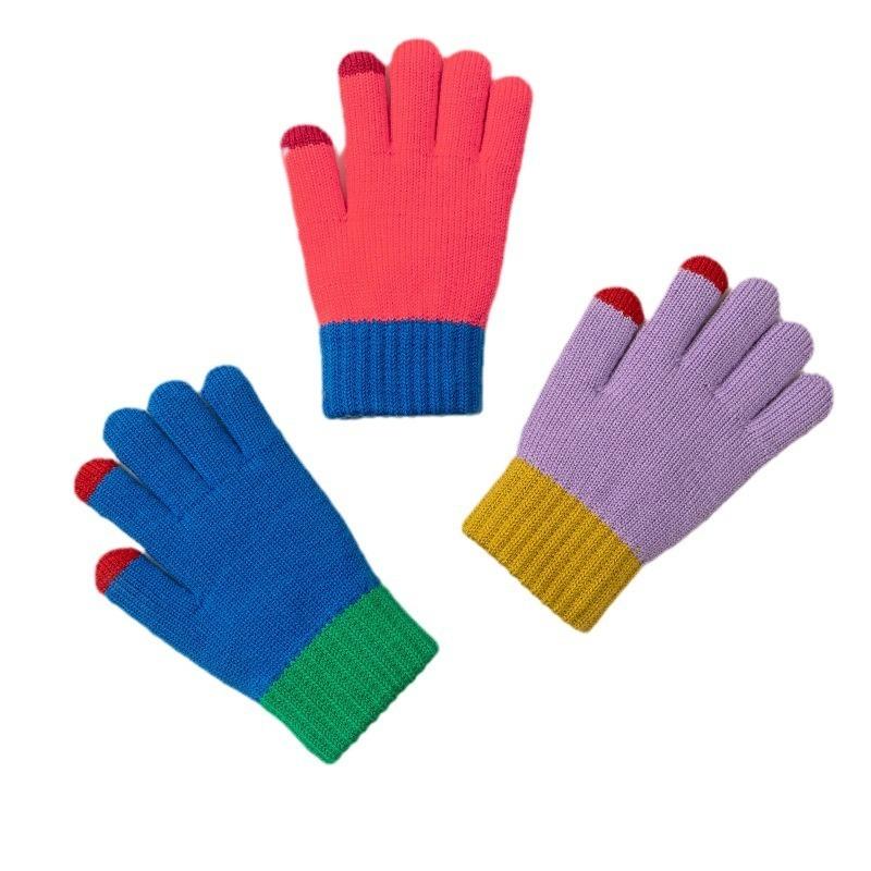 Striped contrasting color knitted five-finger thickened warm outdoor cycling cold-proof unisex winter five-finger primary school gloves