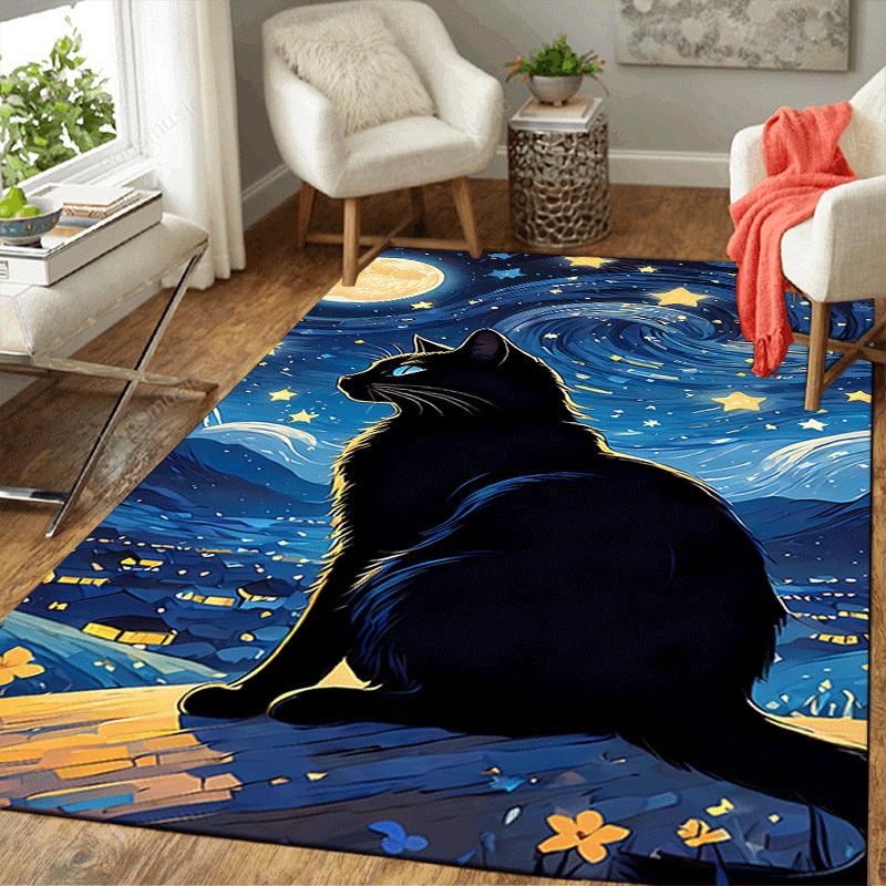 1pc Black cat and starry sky Design Indoor Area Rug - Soft, Anti-Slip, and Durable Gaming Room Decor for Bedroom