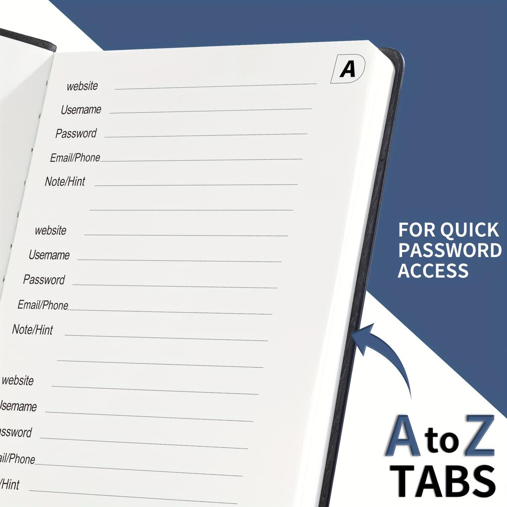 Bezpieczny dziennik w oprawie ze sztucznej skóry z dużym drukiem i zakładkami alfabetycznymi – zapobiega kradzieży tożsamości, bezpieczne przechowywanie haseł