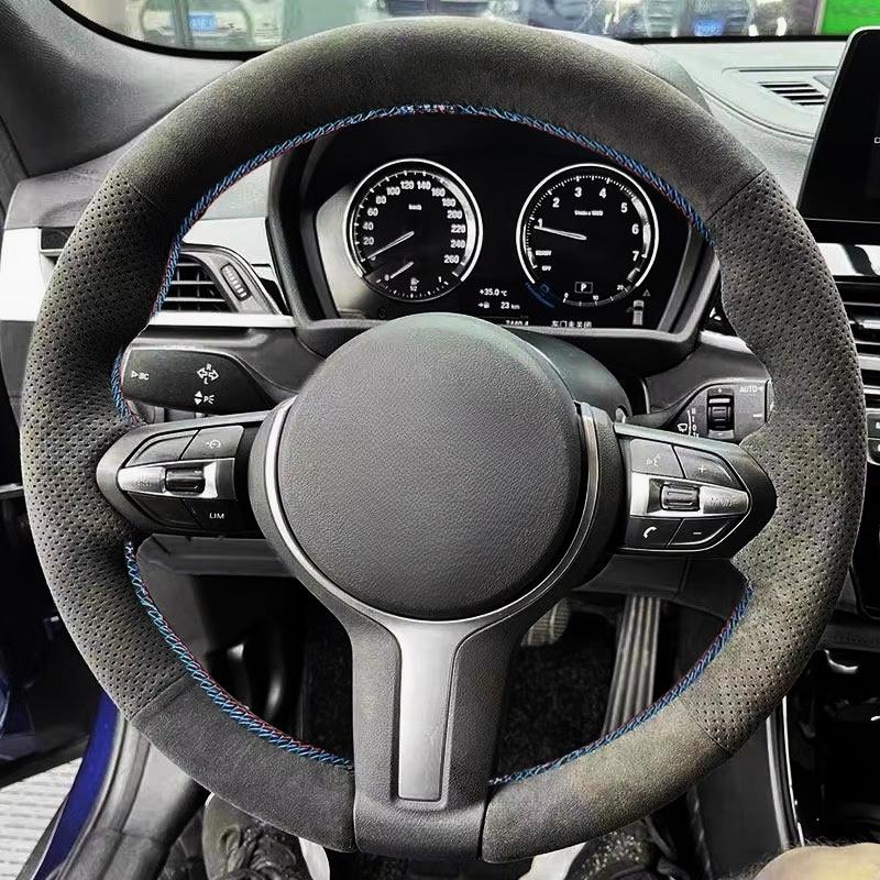 For BMW M Sport F10 F12 F30 F32 F34 F45 F22 F39 F15 F16 F25 F26 Suede Leather Trim red blue bar Car Steering Wheel Cover