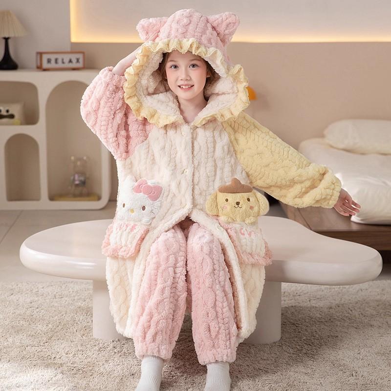 Girls Winter Coral Fleece Pajama Set Long Sleeve Hooded Sleepwear Kids 8 Years Soft Warm Home Outfit