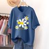 Short-sleeved T-shirt for Women, Large Size, Loose and Slimming, Printed V-neck Top
