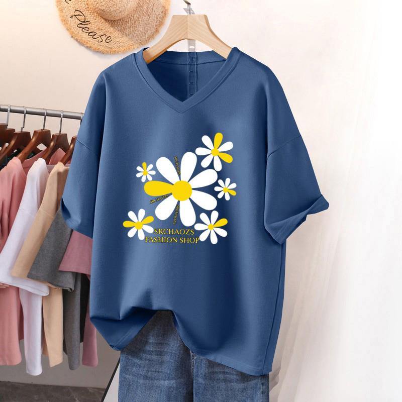 Short-sleeved T-shirt for Women, Large Size, Loose and Slimming, Printed V-neck Top
