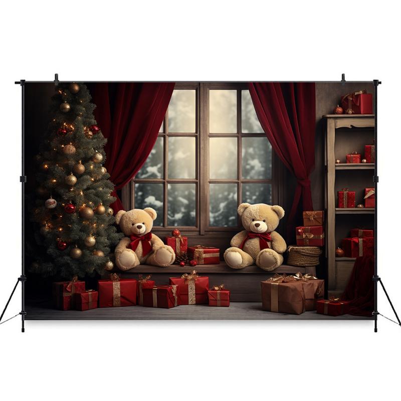 Merry Christmas Photo Background For Children Indoor Window Home Xmas Tree Bear Gift Photography Backdrop Stand Studio Photozone