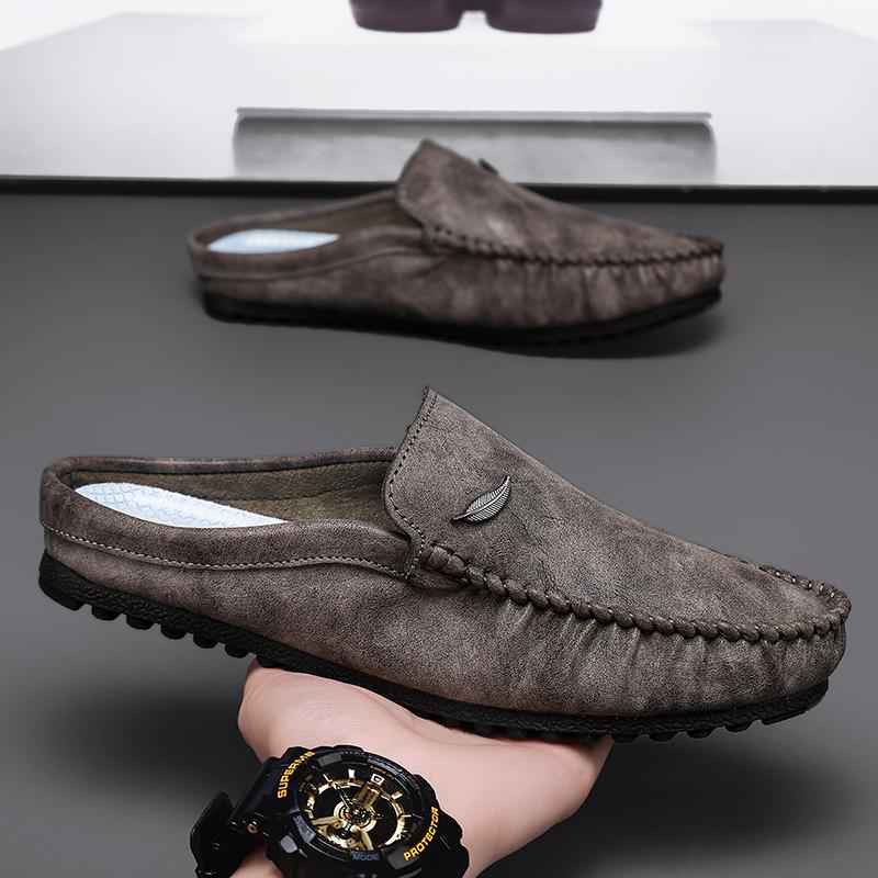 Fashion Breathable Mens Half Slippers Handmade Leathe Muller Shoes Loafers Male Comfy Flats Lazy Shoes Soft Handmade Men Casual Footwear