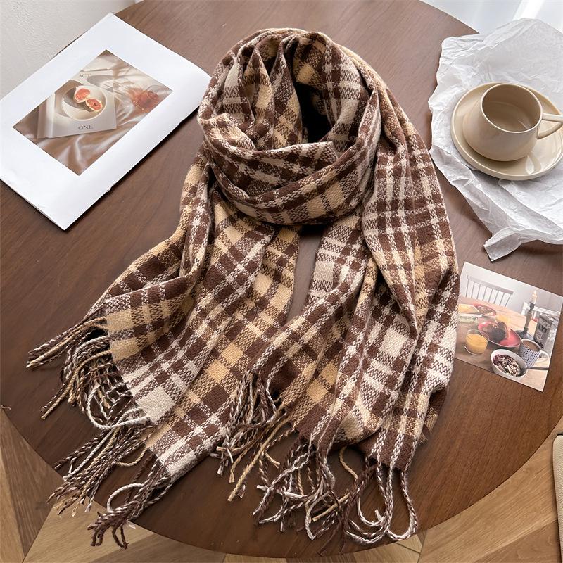 Unisex Korean Plaid Thick Winter Scarf with Tassels - Imitation Cashmere Shawl
