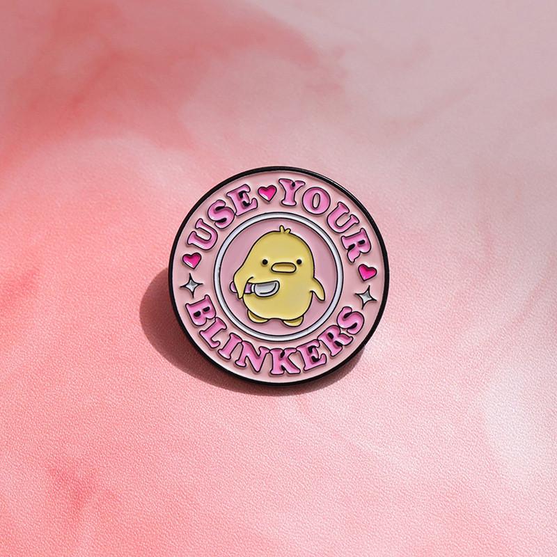 Charming Round Yellow Duck Cartoon Brooch With Artistic Pink Lettering For Occasion Every
