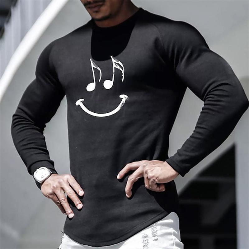 Men's Casual Autumn Breathable Long Sleeve Crewneck Printed Evil Smiley Face Pattern Clothing Y2K Top Men's Long Sleeve