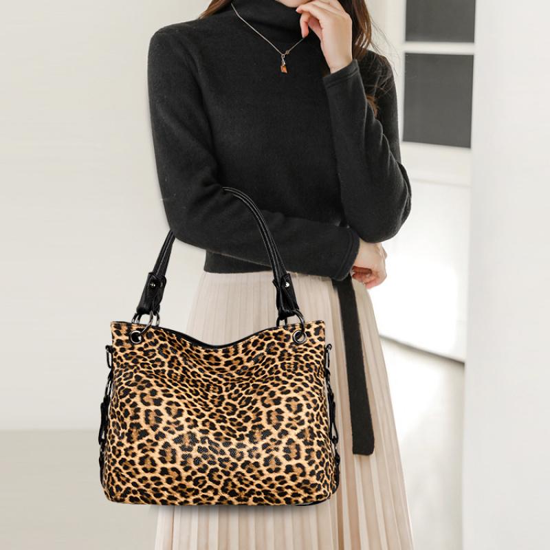 Women Vintage Leopard Print Handbags Punk Style Satchel Top-Handle Shoulder Bag Ladies Underarm Bags Multi-Pockets Dumpling Pack
