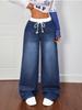 Women's Cross-border Wide-leg Denim Jeans with Elastic Drawstring Waistband