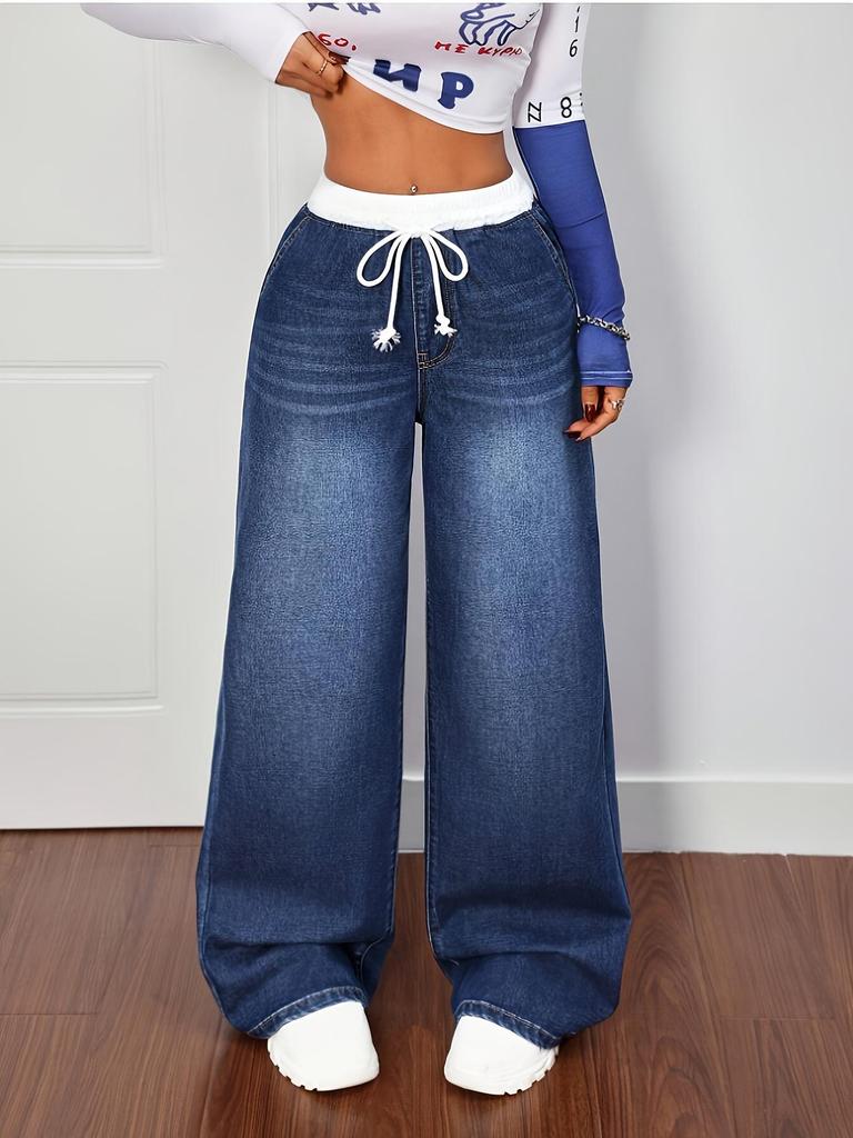 Women's Cross-border Wide-leg Denim Jeans with Elastic Drawstring Waistband