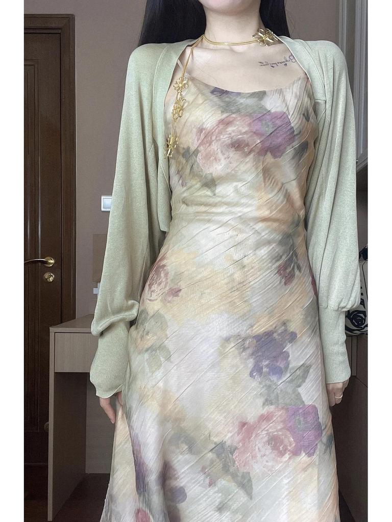 Neuankömmlinge: Damen Helles Klassisches Ölmalerei Stil Plissiertes Slim Kleid