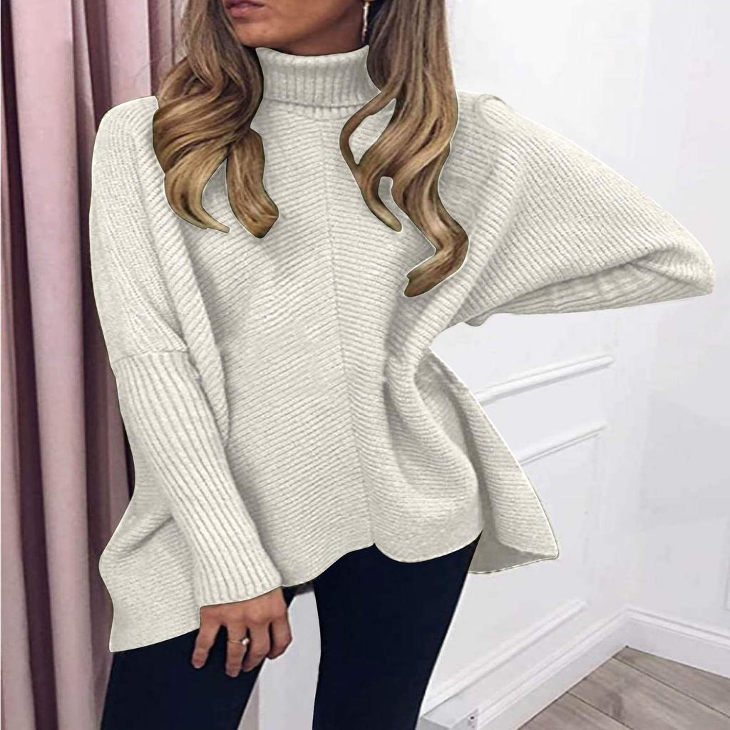 Fashion Women Casual O-Neck Turtleneck Solid Color Long Sleeve Pullover Sweater