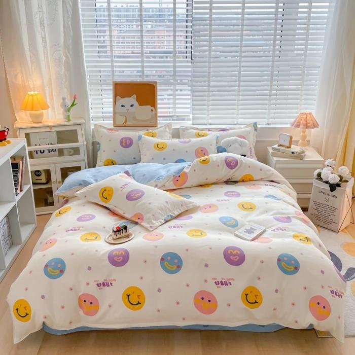 small fresh pure cotton abraded four-piece set, skin-friendly bed sheet washed cotton quilt cover, dormitory three-piece set