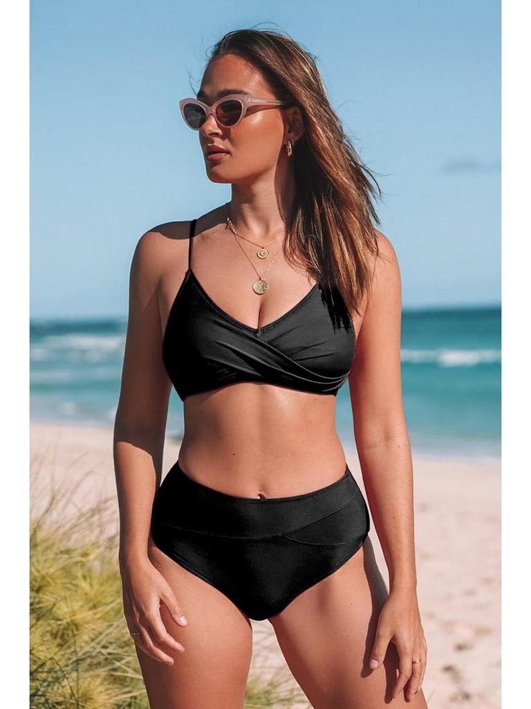 Solid Color Sexy Crossover Soft Cup Bikini - European and American Style Women's Swimwear