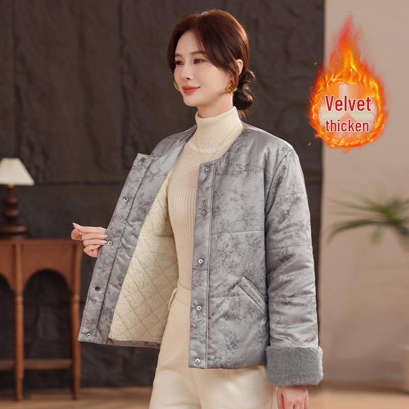 

Elegant Chinese Style Padded Cotton Jacket for Middle-Aged and Elderly - Plush, Warm Autumn/Winter Coat 2XL (Recommended 105-120 jin) сірий колір